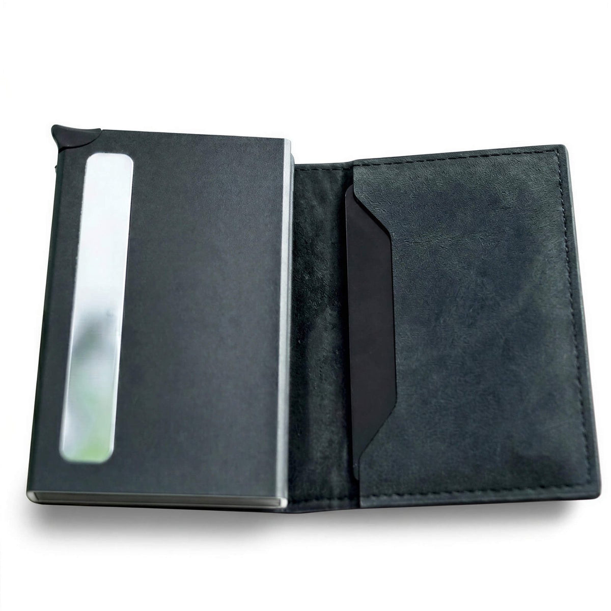 Cartera RFID V2 negra abierta - compartimentos interiores