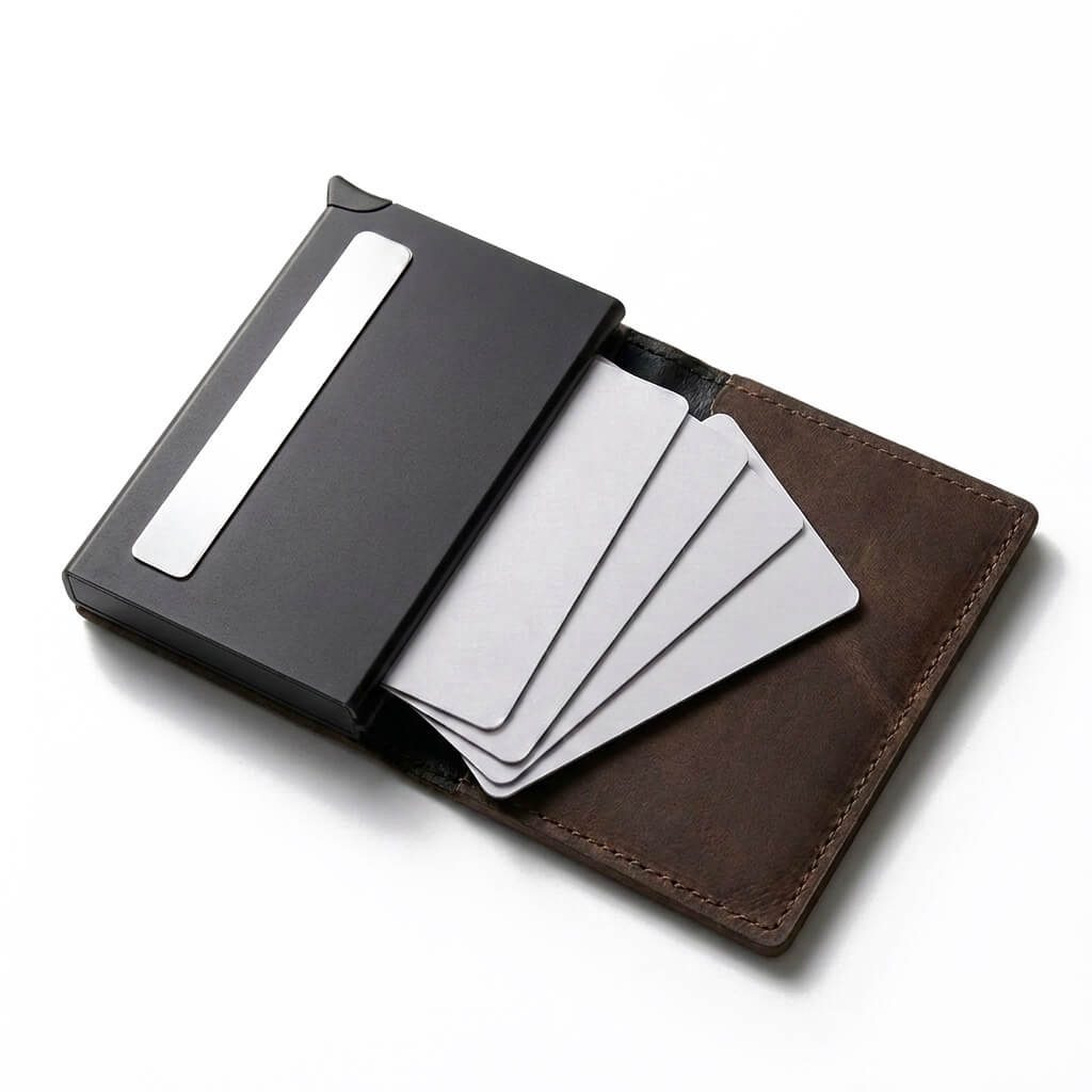 Cartera RFID V2 marrón abierta - tarjetas en abanico