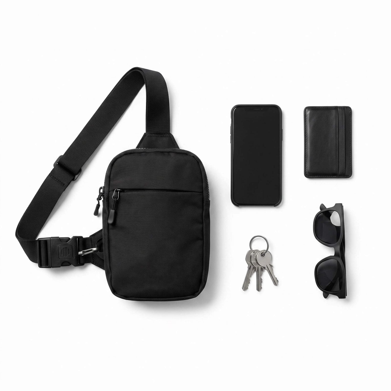 Bandolera NOMALERO V3 con su contenido: móvil, tarjetero, llaves y gafas