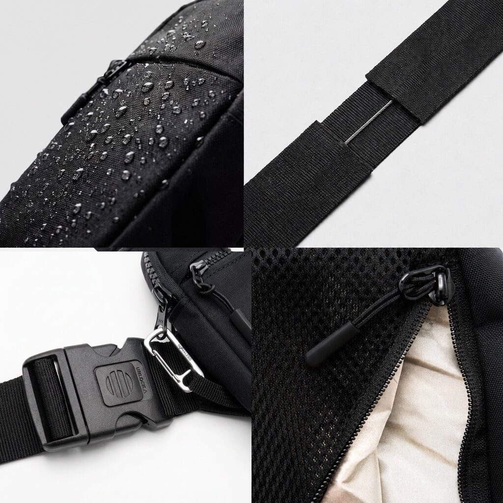 Bandolera NOMALERO V3 - detalles: hidrófuga, correa, hebilla e interior