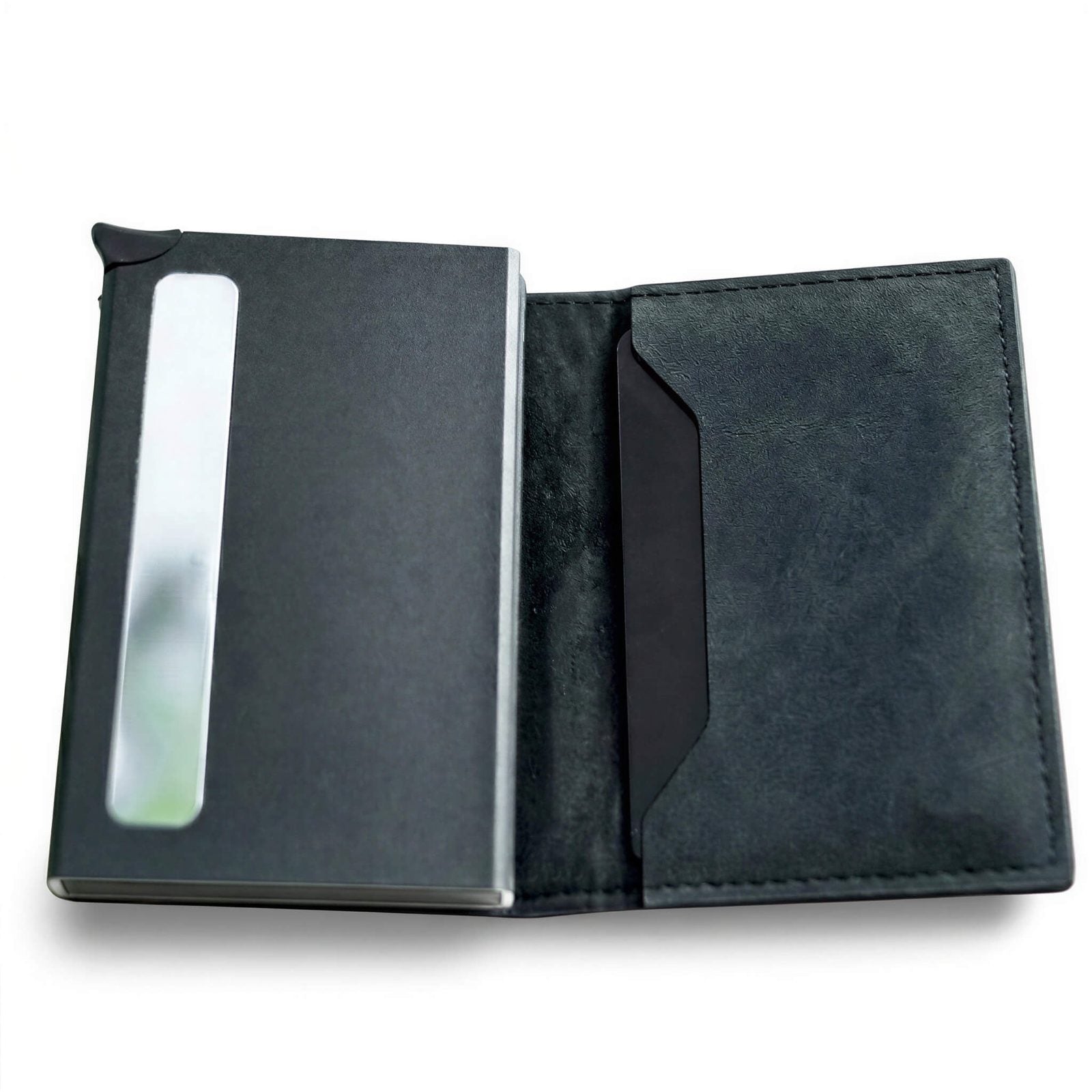 Cartera RFID V2 negra abierta - compartimentos interiores