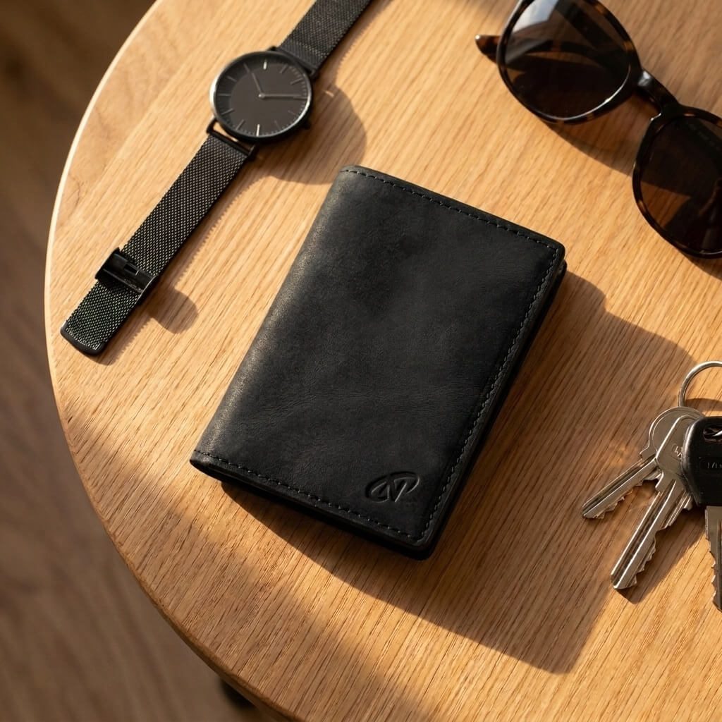 Cartera RFID V2 negra sobre mesa de madera con reloj y gafas
