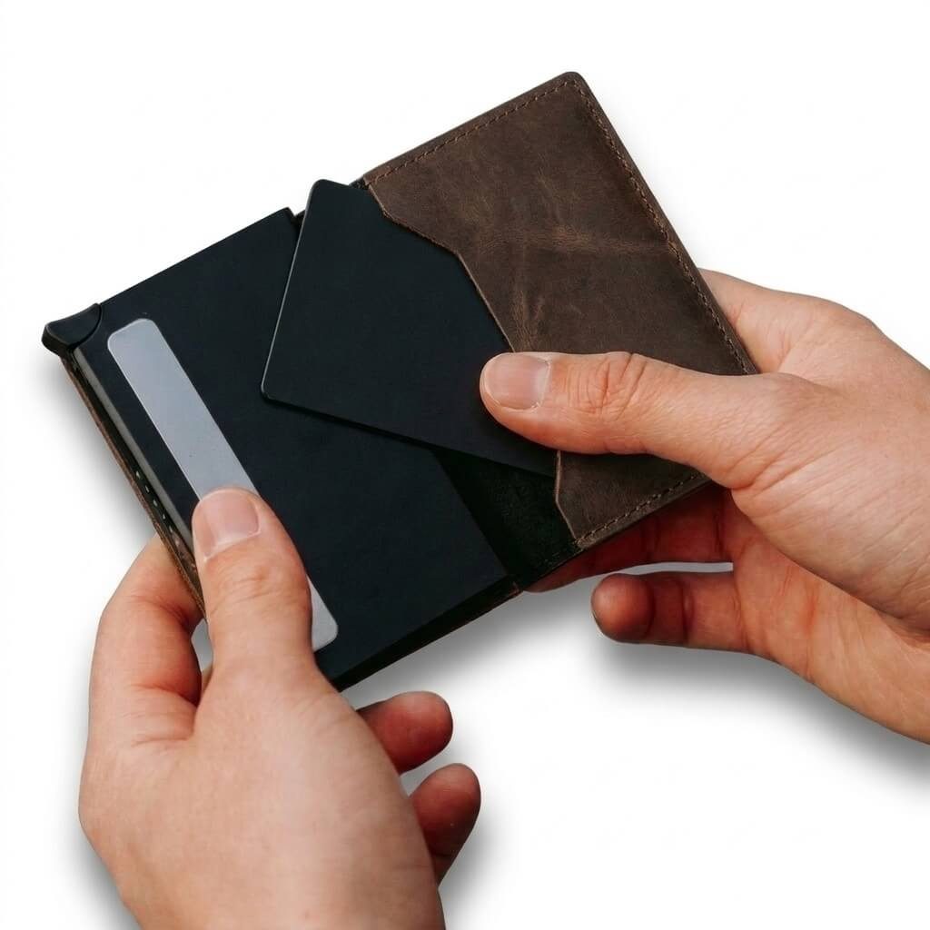 Cartera RFID V2 marrón - tarjetas en la mano