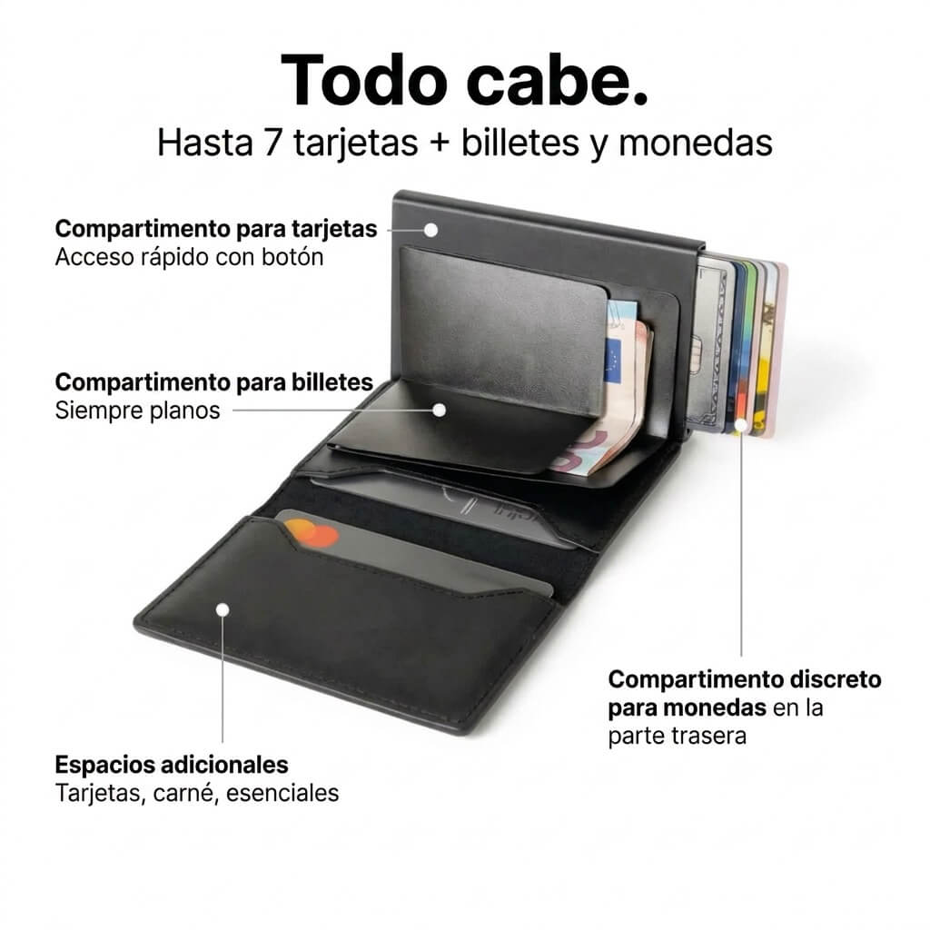 Todo cabe: hasta 7 tarjetas + billetes y monedas